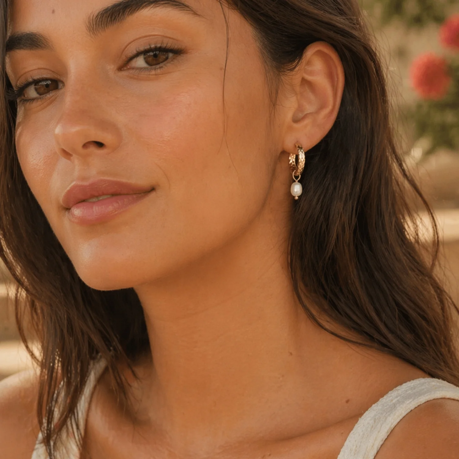 Hammered Pearl Hoop Earrings - Image 6